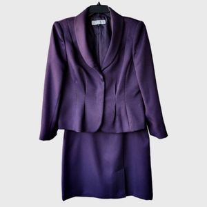 Tahari purple-brown skirt suit - straight midi skirt, hidden jacket closure 14P